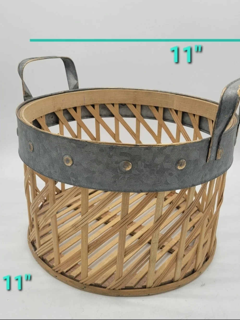 Round Woven Bamboo Basket Galvanized Metal Handles +Trim Farmhouse Style Damaged